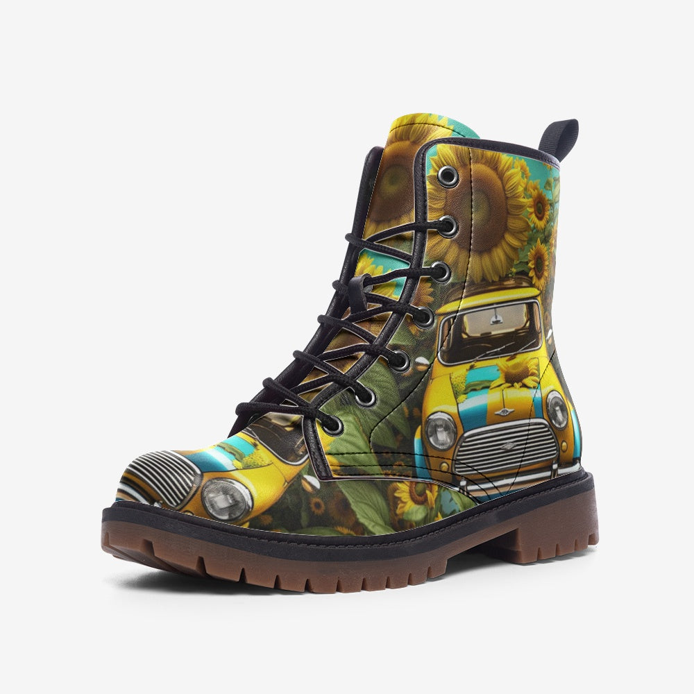 Emerald Blossoms - Sunflower Car on Leather Lightweight Boots for Hippies