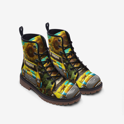 Emerald Blossoms - Sunflower Car on Leather Lightweight Boots for Hippies