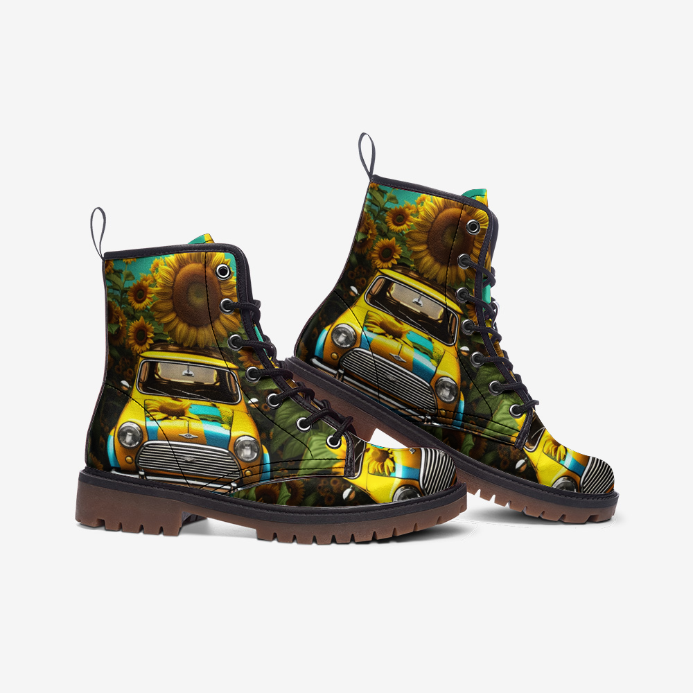 Emerald Blossoms - Sunflower Car on Leather Lightweight Boots for Hippies