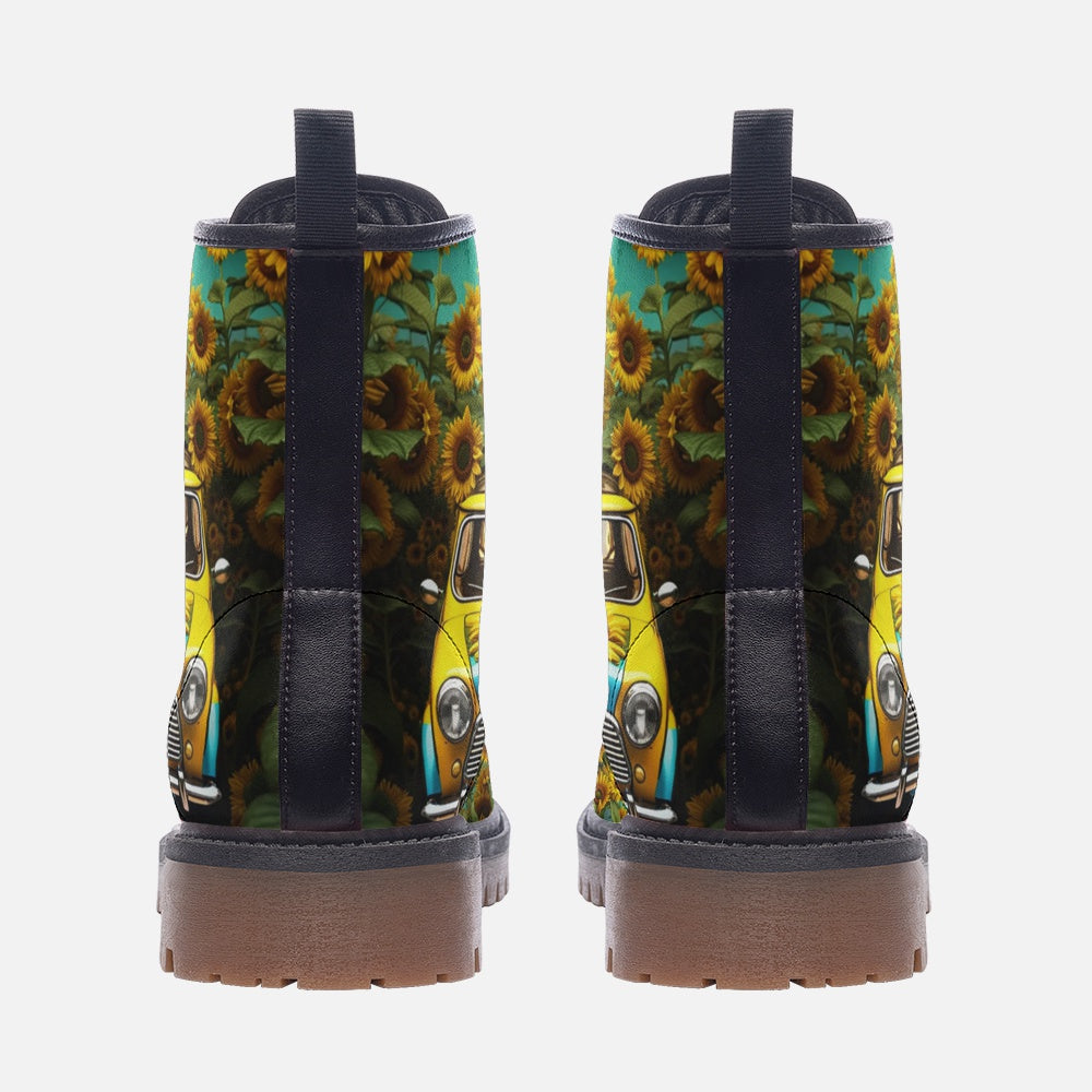 Emerald Blossoms - Sunflower Car on Leather Lightweight Boots for Hippies