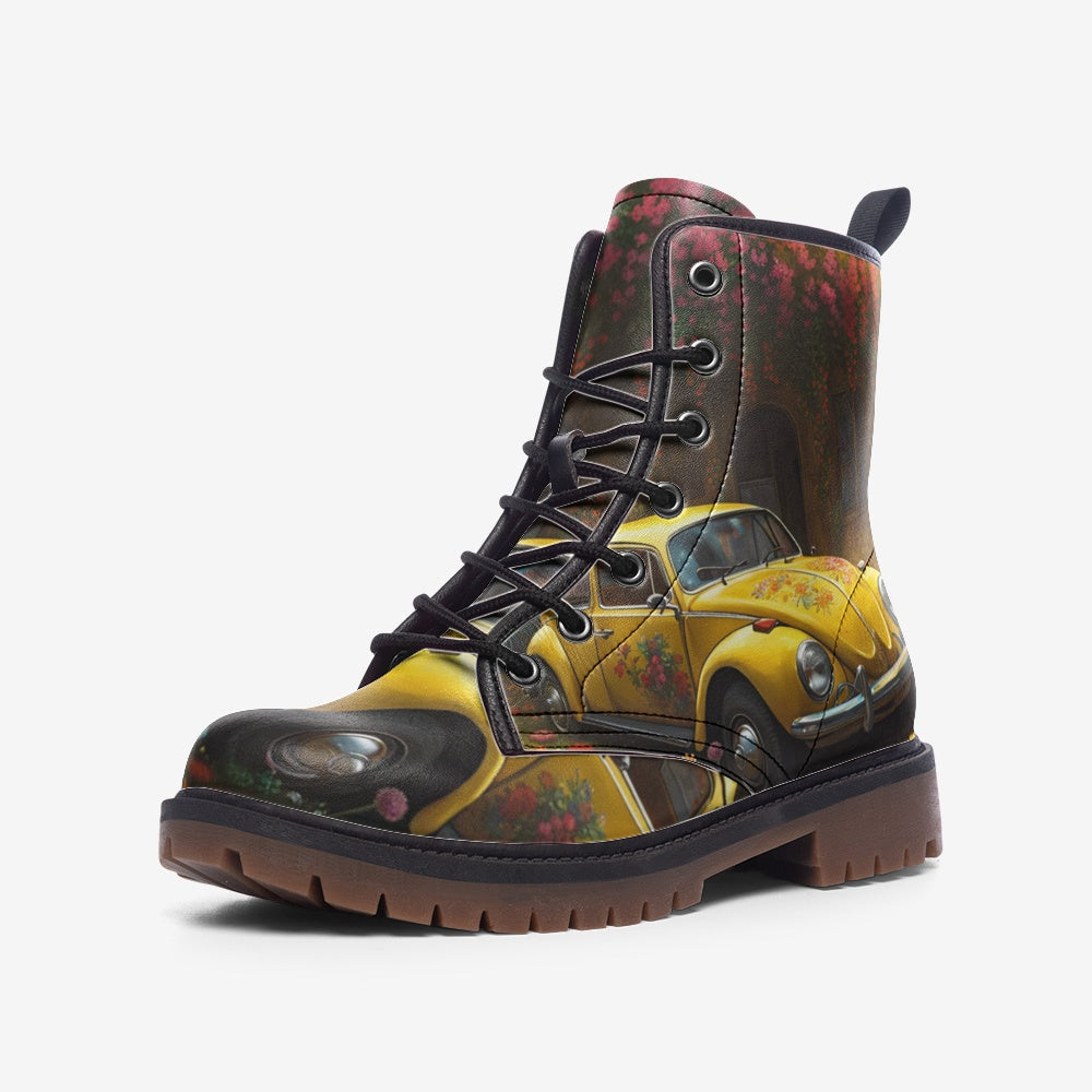 Emerald Blossoms - Yellow Volkswagen Beetle Casual Leather Lightweight Boots For Hippies