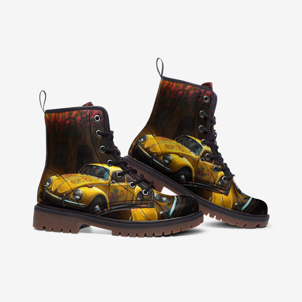 Emerald Blossoms - Yellow Volkswagen Beetle Casual Leather Lightweight Boots For Hippies