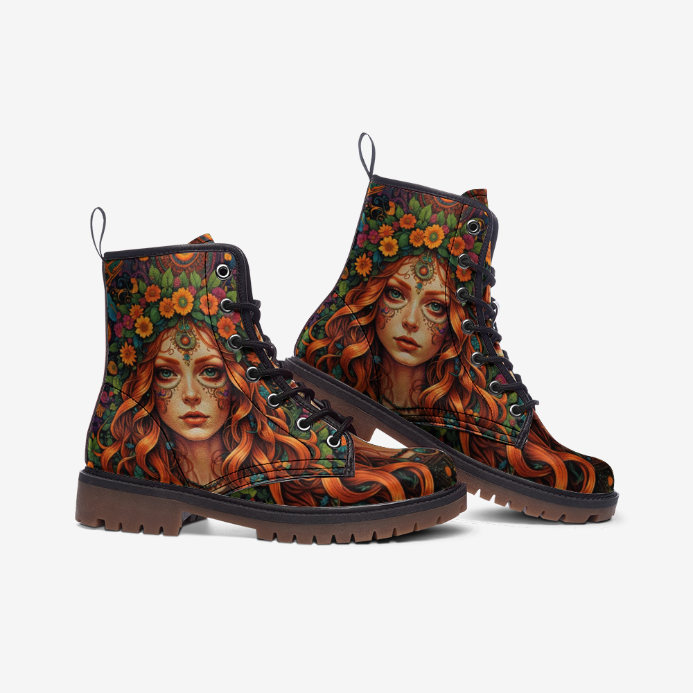 Emerald Blossoms - Orange Hair Hippie Girl Casual Leather Lightweight Boots For Hippies