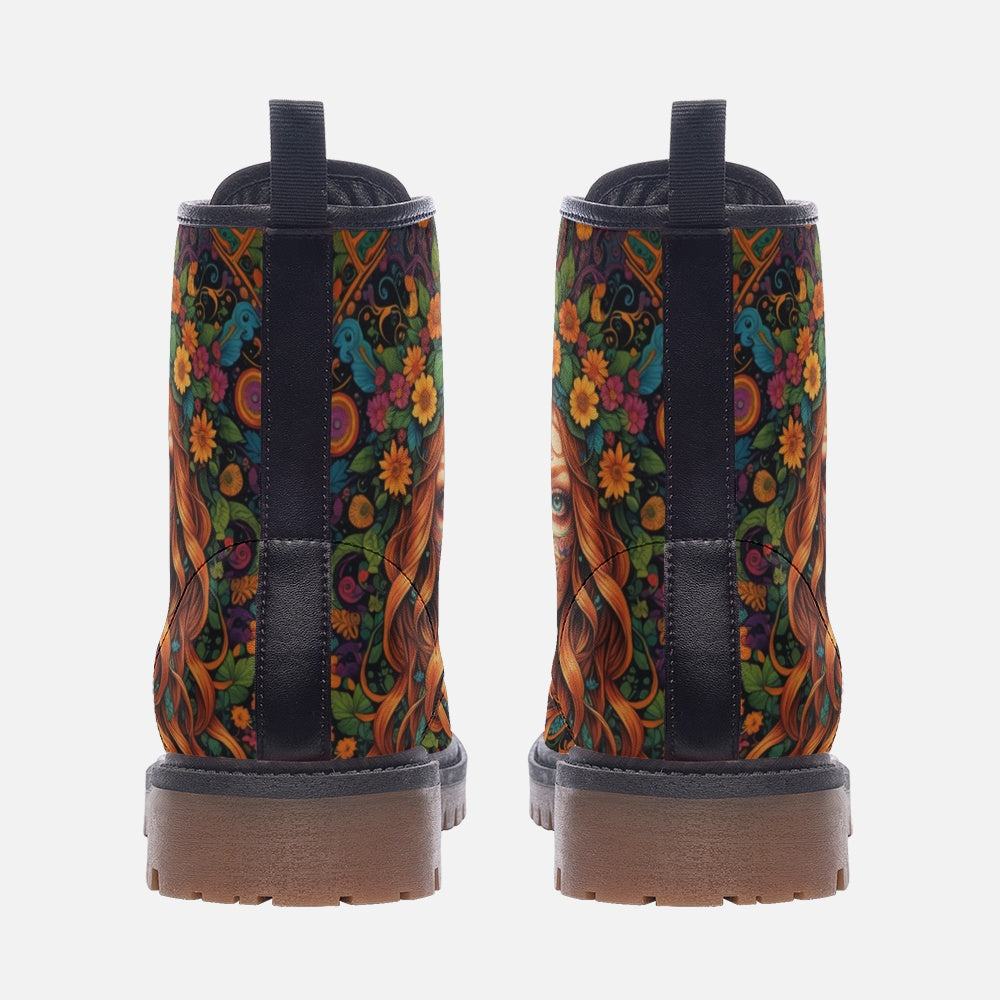 Emerald Blossoms - Orange Hair Hippie Girl Casual Leather Lightweight Boots For Hippies