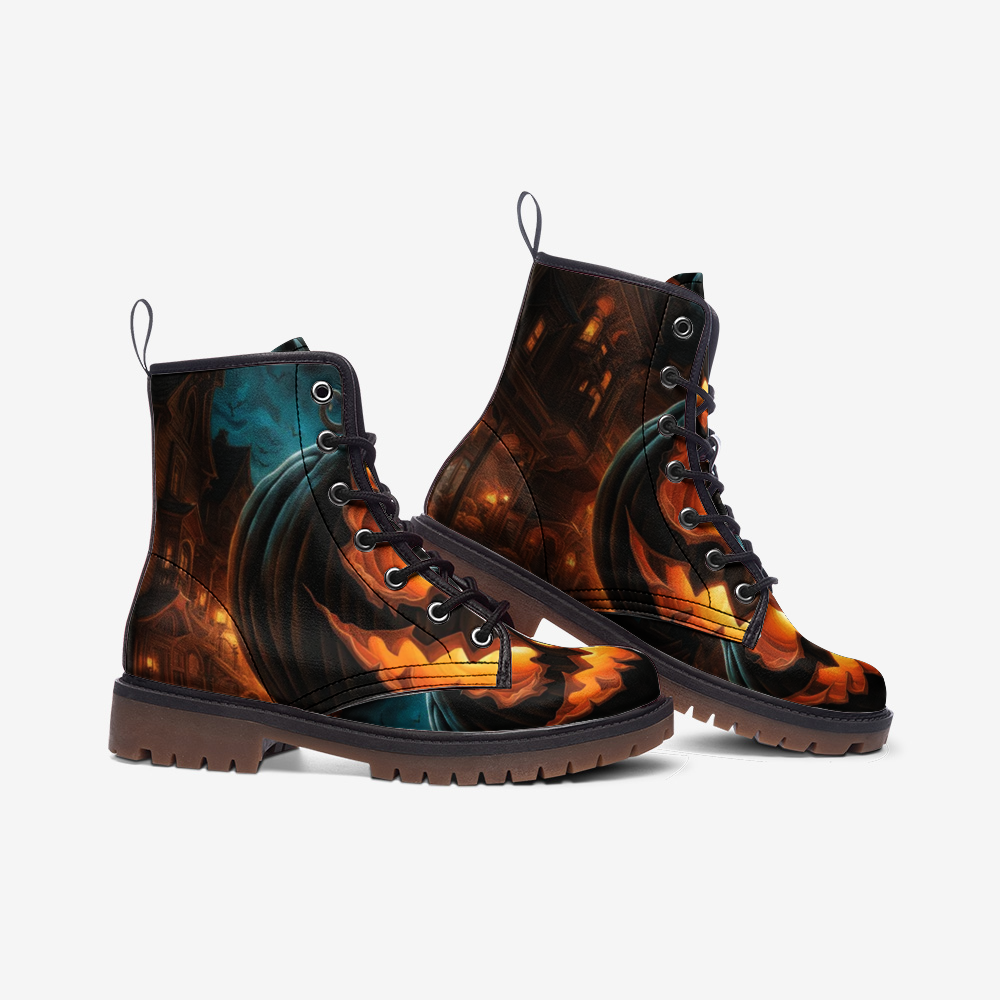 Emerald Blossoms - Combat Boots Halloween Pumpkin Casual Leather Lightweight Boots For Hippies