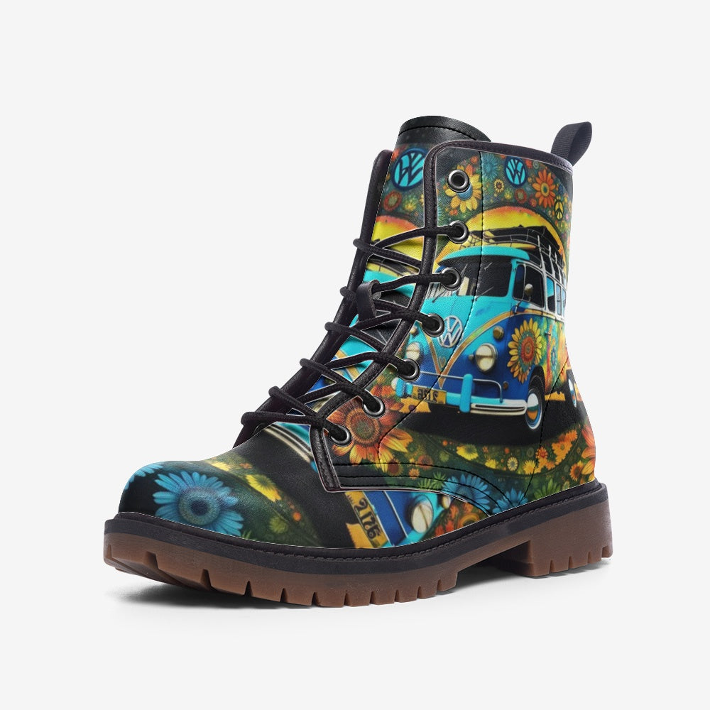 Emerald Blossoms - Vibrant Van, Summer Trips, Flower Roads Casual Leather Lightweight Boots for Hippies