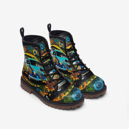 Emerald Blossoms - Vibrant Van, Summer Trips, Flower Roads Casual Leather Lightweight Boots for Hippies