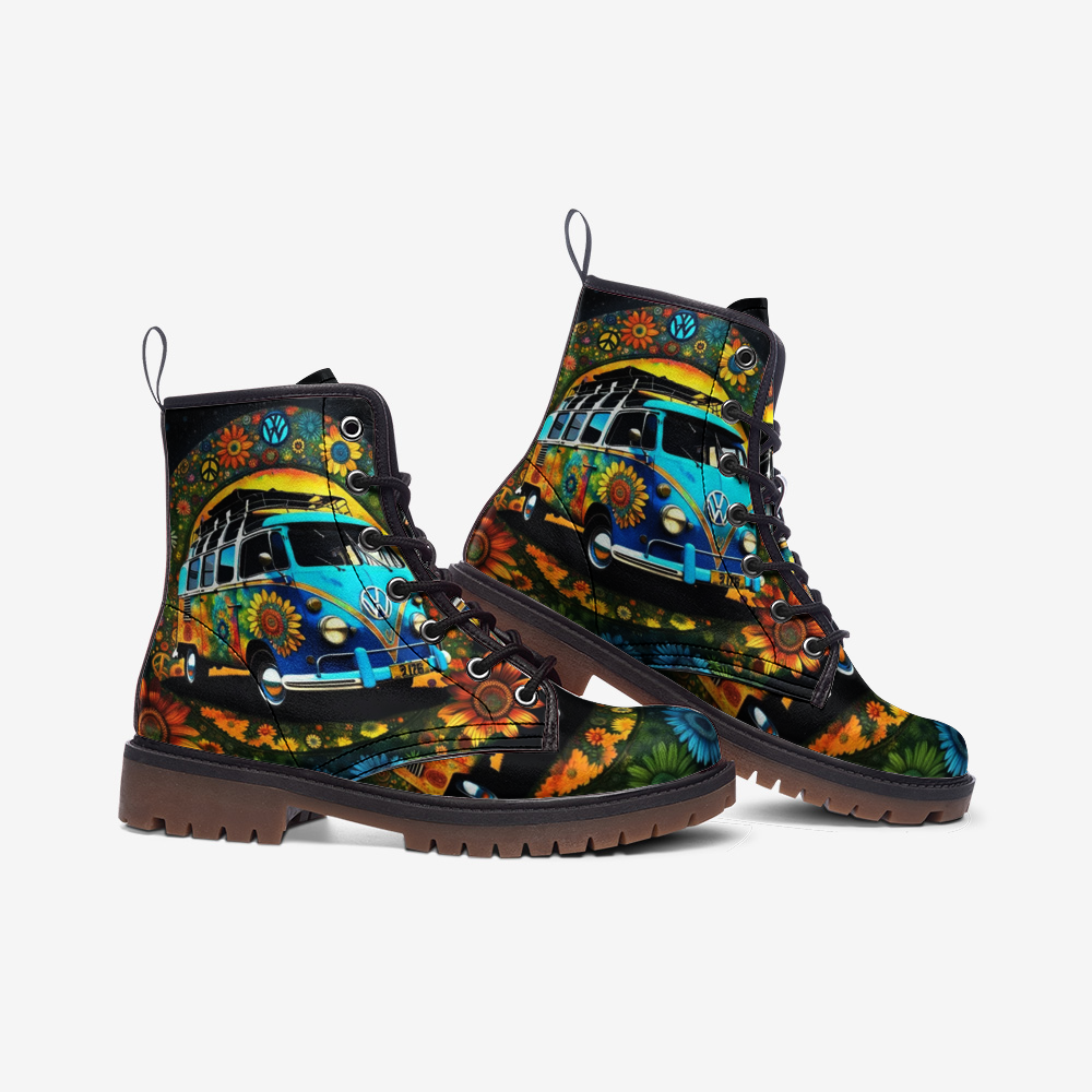 Emerald Blossoms - Vibrant Van, Summer Trips, Flower Roads Casual Leather Lightweight Boots for Hippies