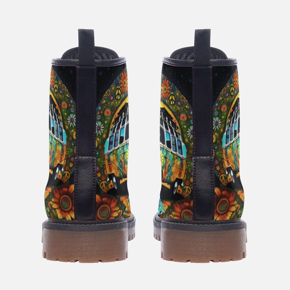 Emerald Blossoms - Vibrant Van, Summer Trips, Flower Roads Casual Leather Lightweight Boots for Hippies