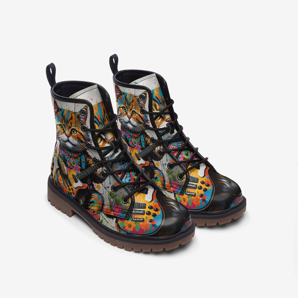 Emerald Blossoms - Rocking Cat on Casual Leather Lightweight Boots for Festivals