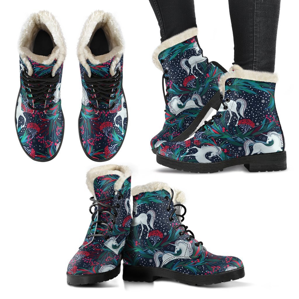 Boho Bliss: Fairy Floral Unicorn Faux Fur Leather Boots for Stylish Hippies - 2