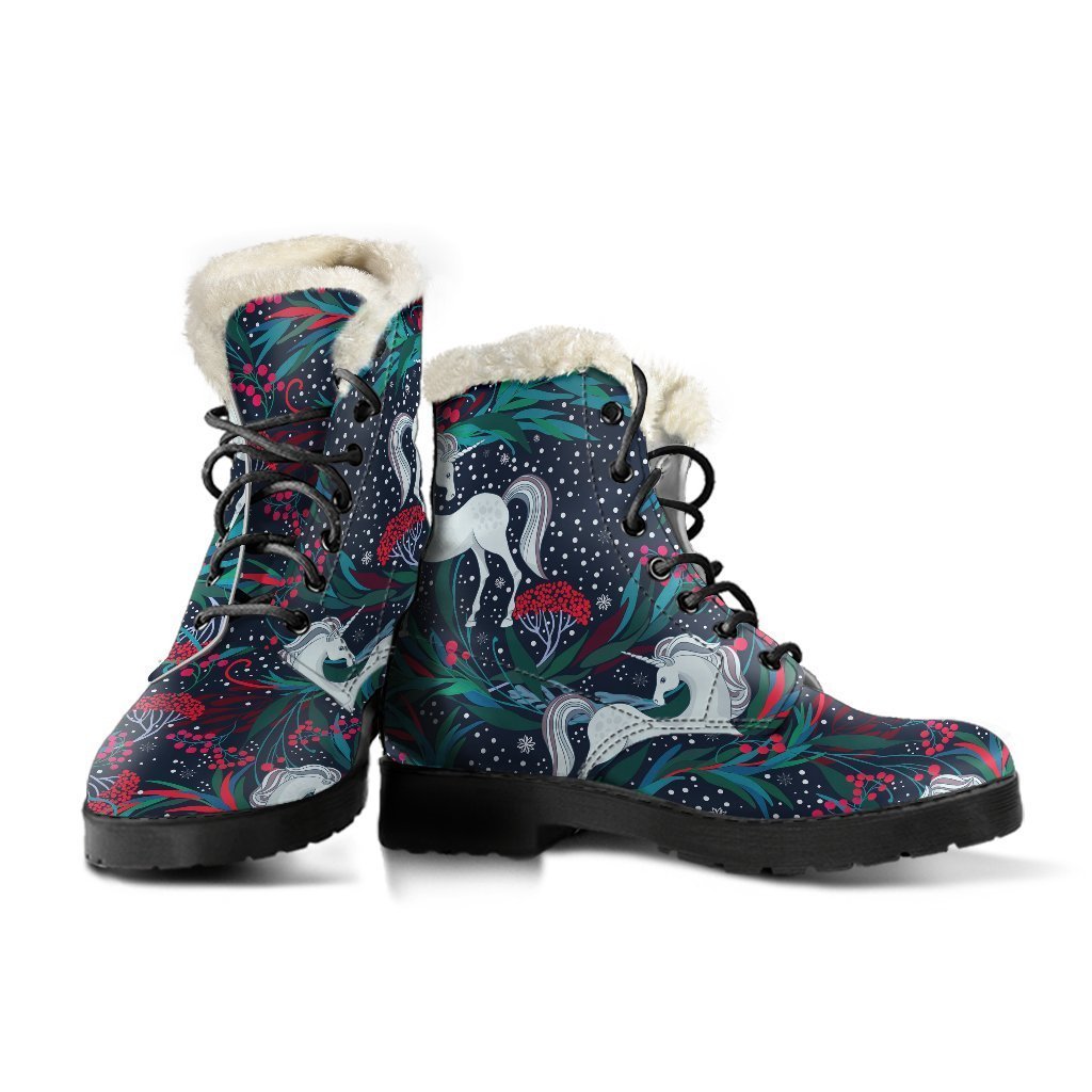 Boho Bliss: Fairy Floral Unicorn Faux Fur Leather Boots for Stylish Hippies - 3