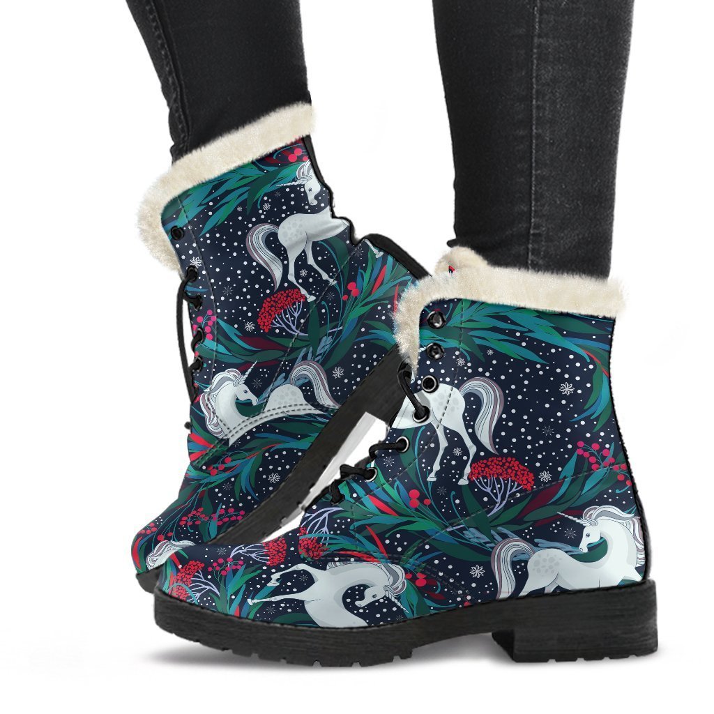 Boho Bliss: Fairy Floral Unicorn Faux Fur Leather Boots for Stylish Hippies - 1