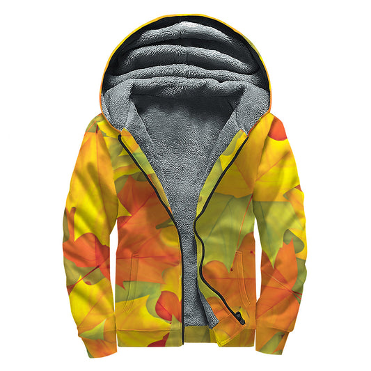 Fall Love: Maple Leaves Print Sherpa Lined Zip Up Hoodie for Groovy Hippies - 1