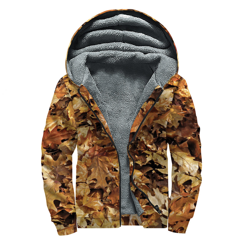 Fall Leaves Hunting Camouflage Print Hippie Sherpa Lined Zip Up Hoodie - 1