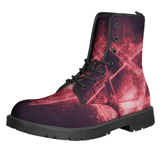 Get Groovy in Fiery Reversed Pentagram Print Leather Boots - 1