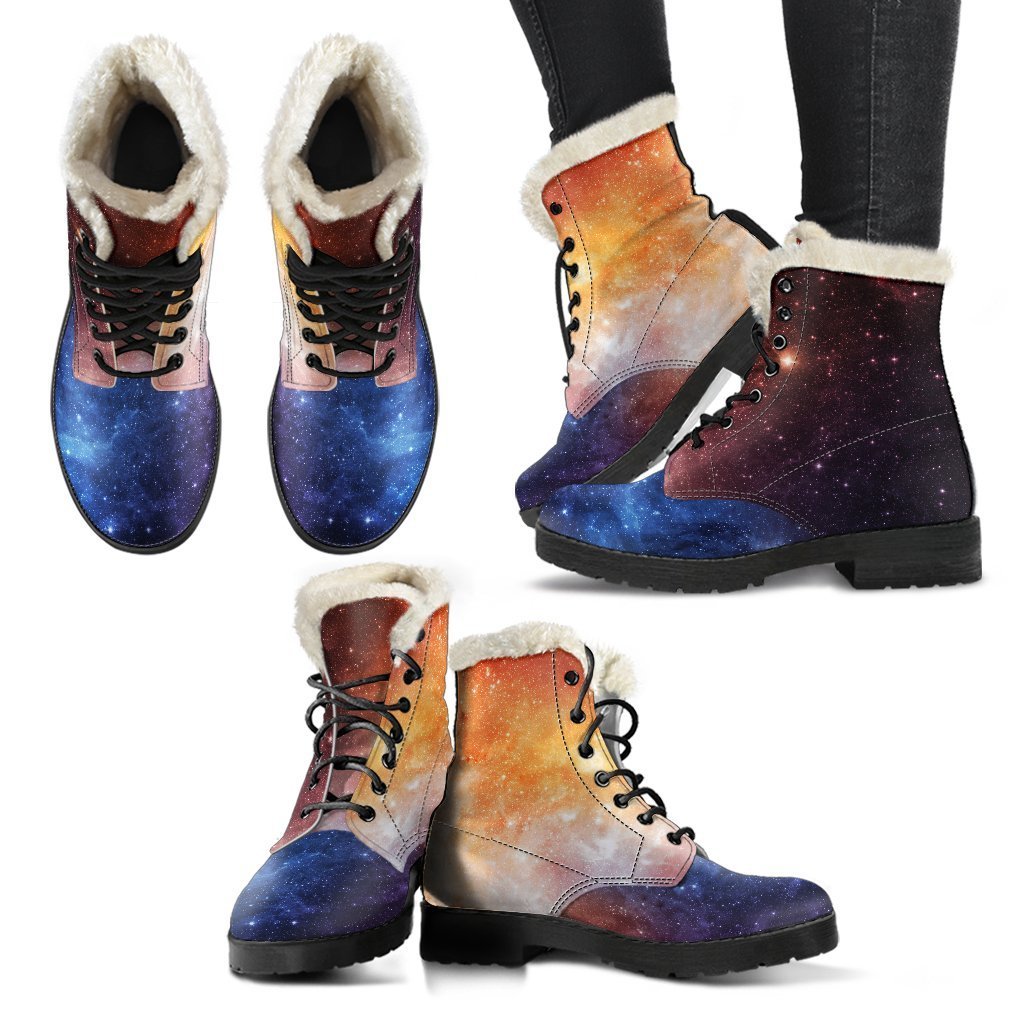 Fiery Universe: Nebula Galaxy Space Print Faux Fur Leather Boots for Stylish Hippies - 2