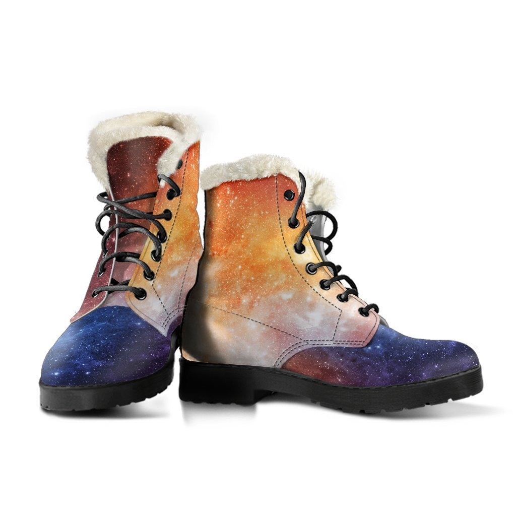 Fiery Universe: Nebula Galaxy Space Print Faux Fur Leather Boots for Stylish Hippies - 3