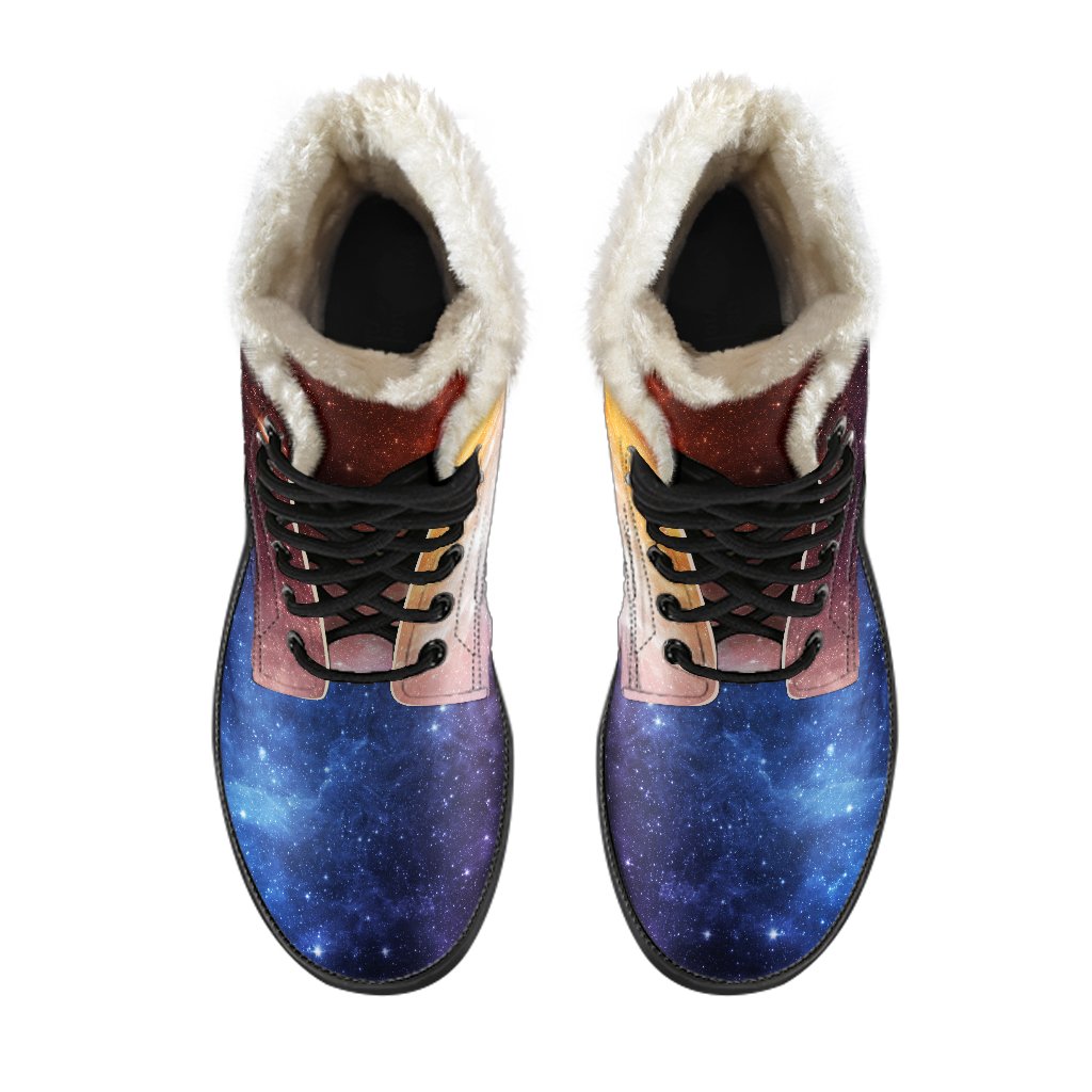 Fiery Universe: Nebula Galaxy Space Print Faux Fur Leather Boots for Stylish Hippies - 4