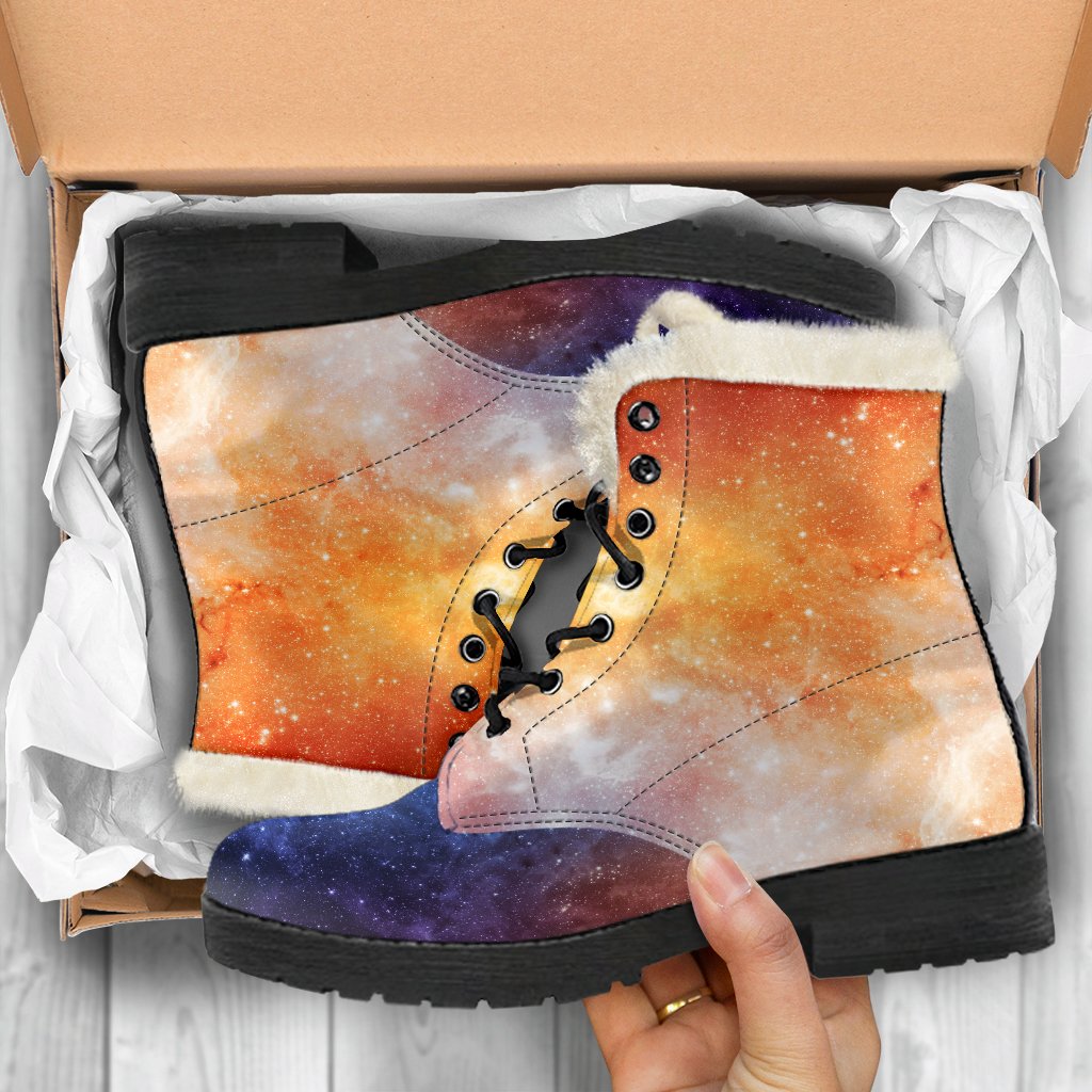 Fiery Universe: Nebula Galaxy Space Print Faux Fur Leather Boots for Stylish Hippies - 5