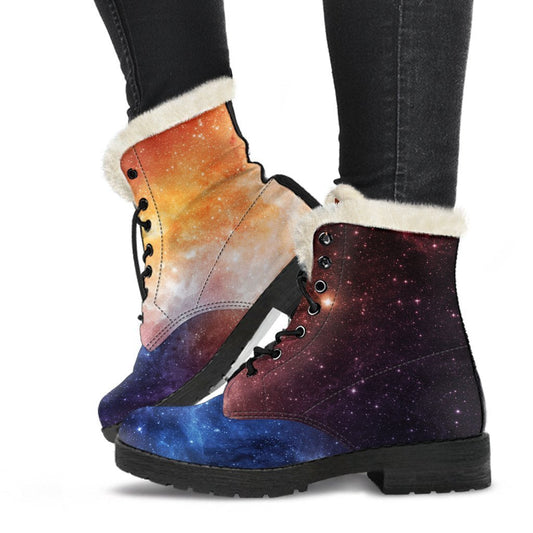 Fiery Universe: Nebula Galaxy Space Print Faux Fur Leather Boots for Stylish Hippies - 1