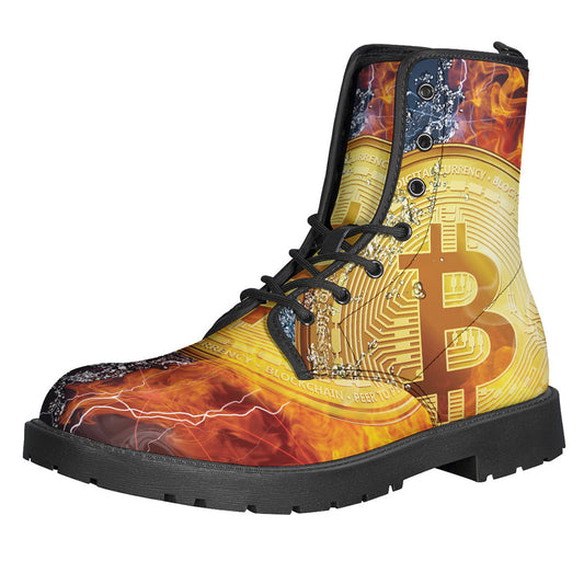 Groovy Vibes: Fire and Water Bitcoin Print Leather Boots for the Modern Hippie - 1