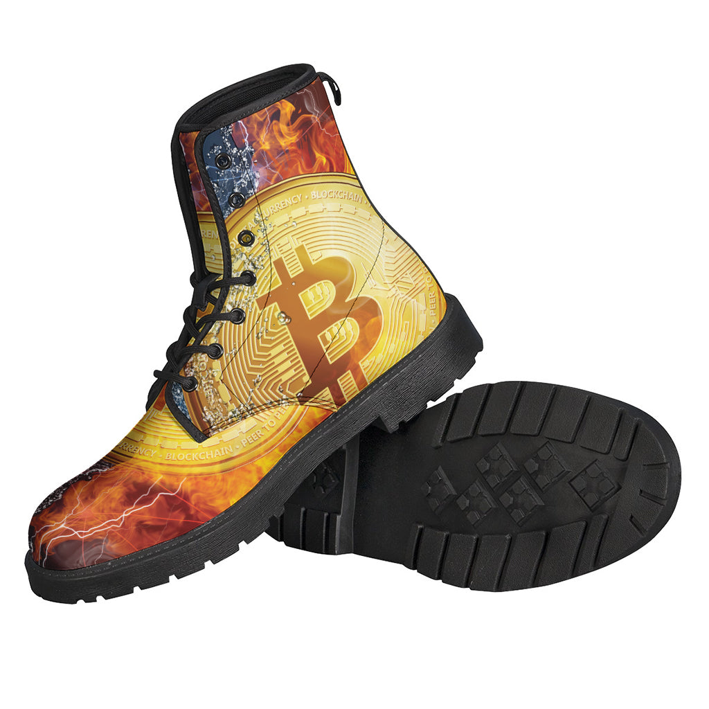 Groovy Vibes: Fire and Water Bitcoin Print Leather Boots for the Modern Hippie - 2