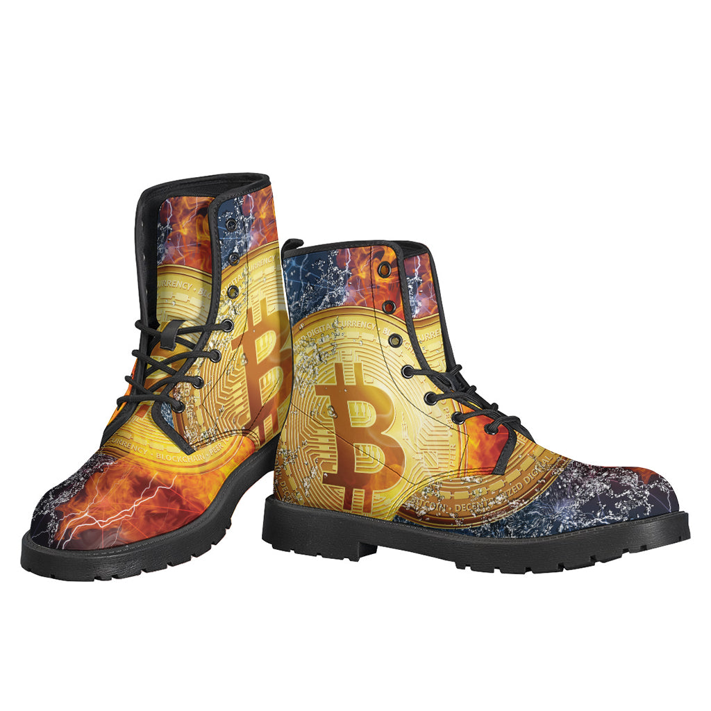 Groovy Vibes: Fire and Water Bitcoin Print Leather Boots for the Modern Hippie - 3