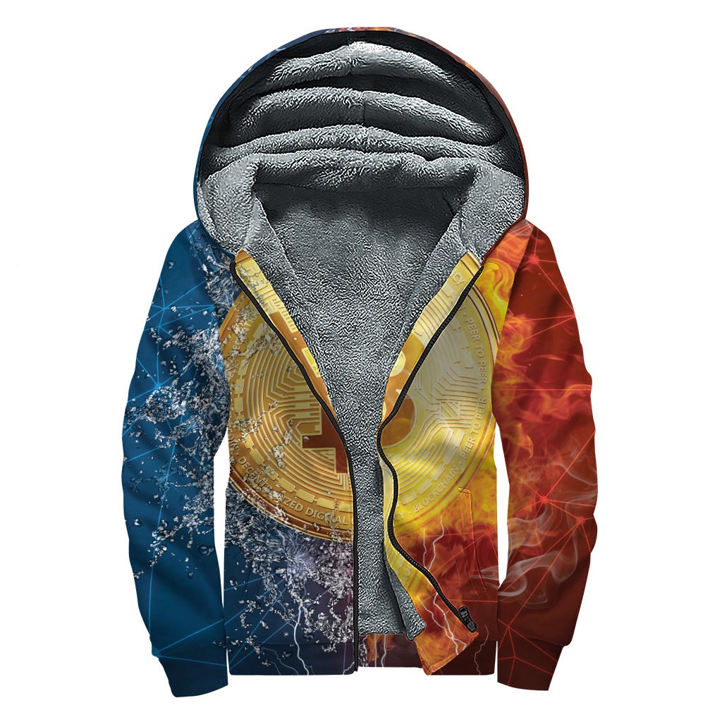 Fire and Water Bitcoin Print Sherpa Lined Zip Up Hoodie for Hipster Hippies - 1