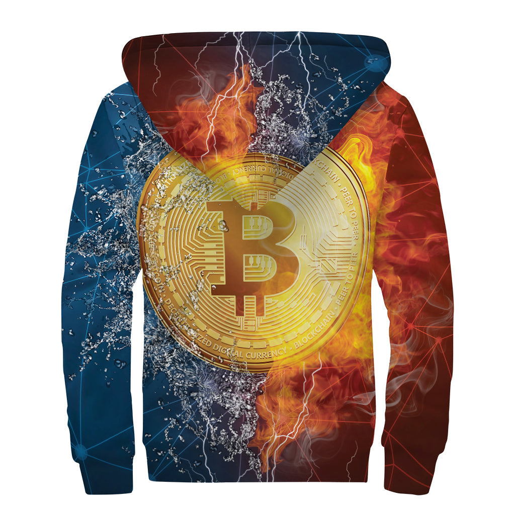 Fire and Water Bitcoin Print Sherpa Lined Zip Up Hoodie for Hipster Hippies - 2