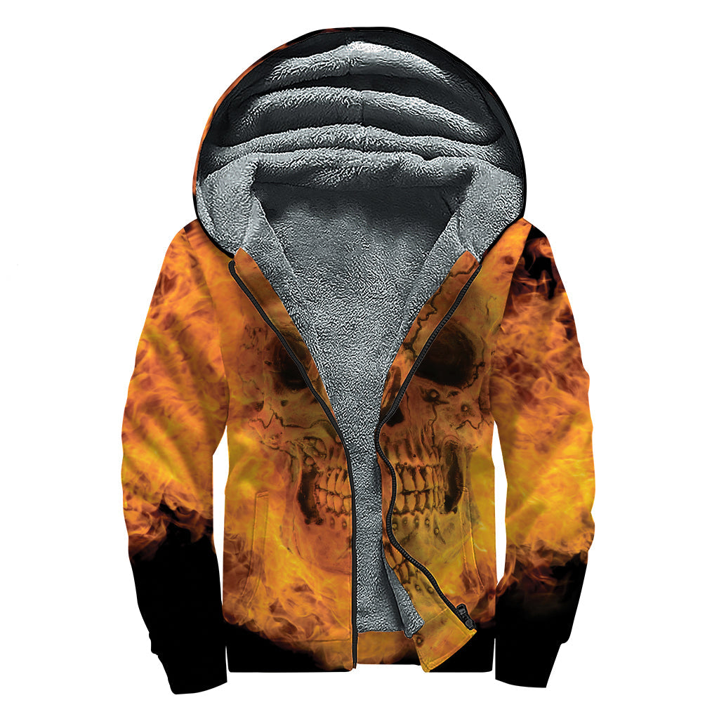 Fire Skull Print Sherpa Lined Hippie Zip Up Hoodie - 1