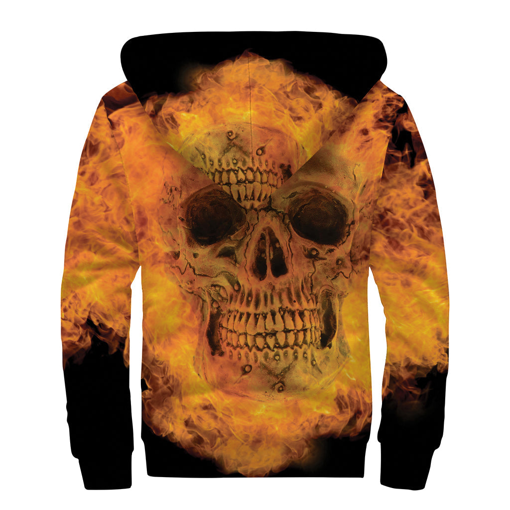 Fire Skull Print Sherpa Lined Hippie Zip Up Hoodie - 2