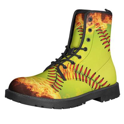 Groovy Vibes: Fireball Softball Print Leather Lightweight Boots for Free-Spirited Hippies - 1