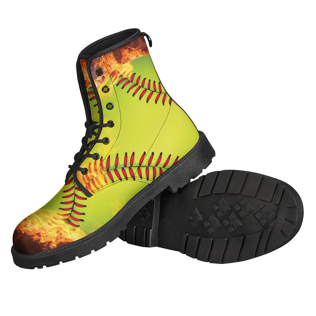 Groovy Vibes: Fireball Softball Print Leather Lightweight Boots for Free-Spirited Hippies - 2