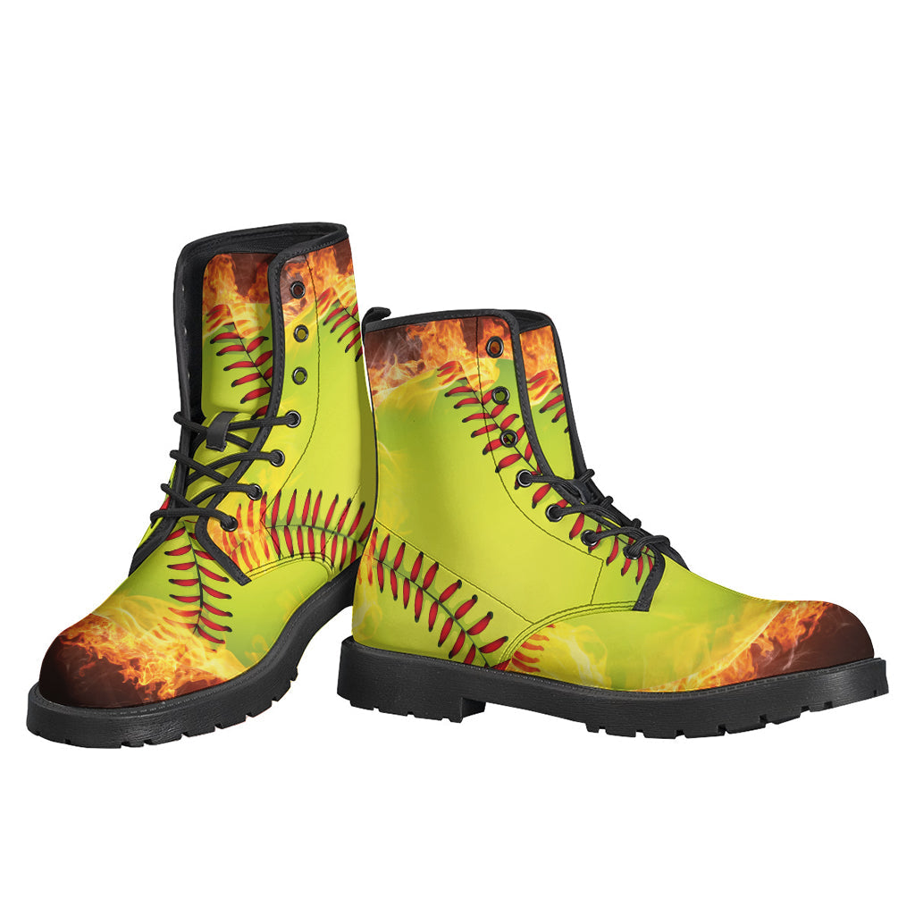 Groovy Vibes: Fireball Softball Print Leather Lightweight Boots for Free-Spirited Hippies - 3