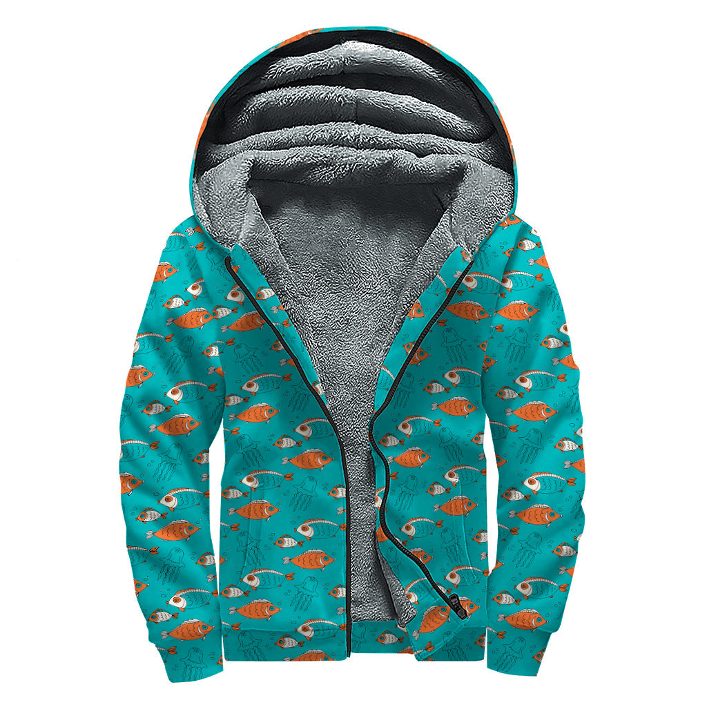 Groovy Vibes: Fish and Jellyfish Pattern Sherpa Lined Zip Up Hoodie for Trendsetting Hippies - 1