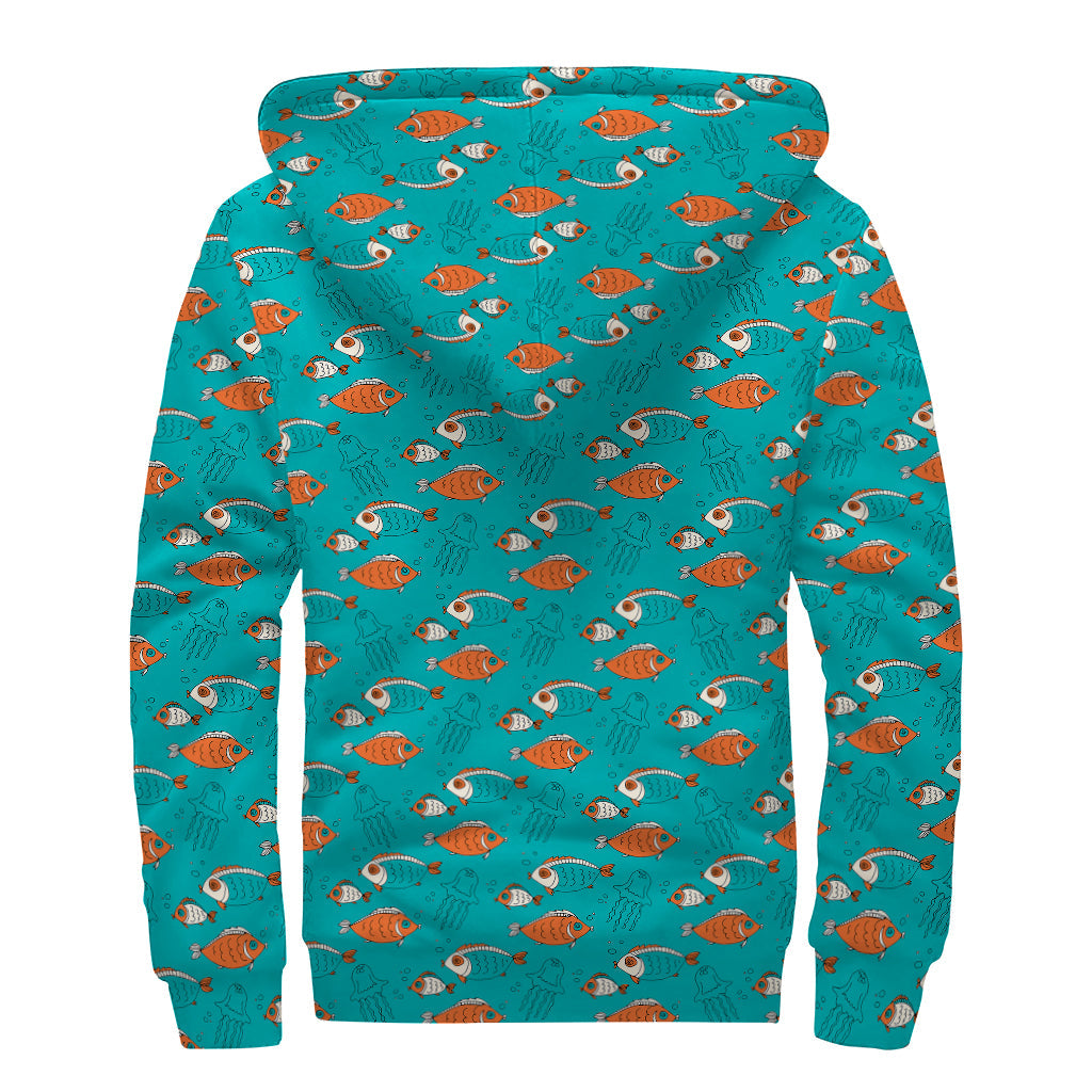 Groovy Vibes: Fish and Jellyfish Pattern Sherpa Lined Zip Up Hoodie for Trendsetting Hippies - 2