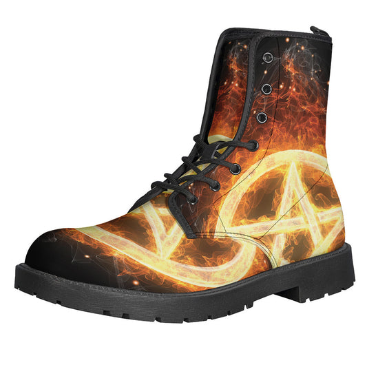 Flame Pentagram Print Leather Boots: Groovy Hippie Style for the Modern Bohemian - 1