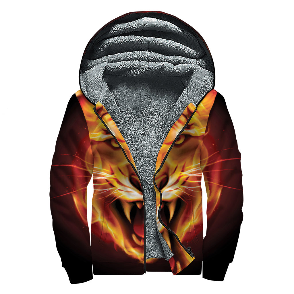 Flame Tiger Print Sherpa-Lined Hippie Zip Up Hoodie - 1