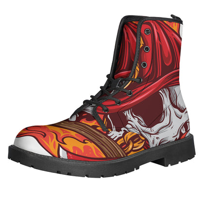 Flaming Firefighter Skull Print Leather Boots: A Groovy Addition to Your Hippie Outfit - 1