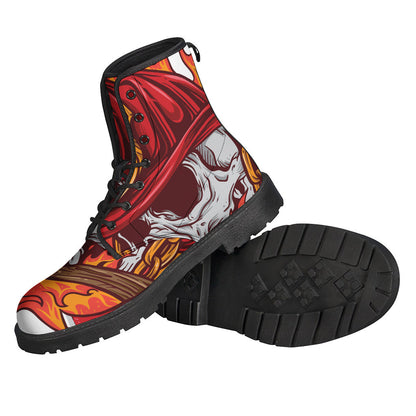 Flaming Firefighter Skull Print Leather Boots: A Groovy Addition to Your Hippie Outfit - 2