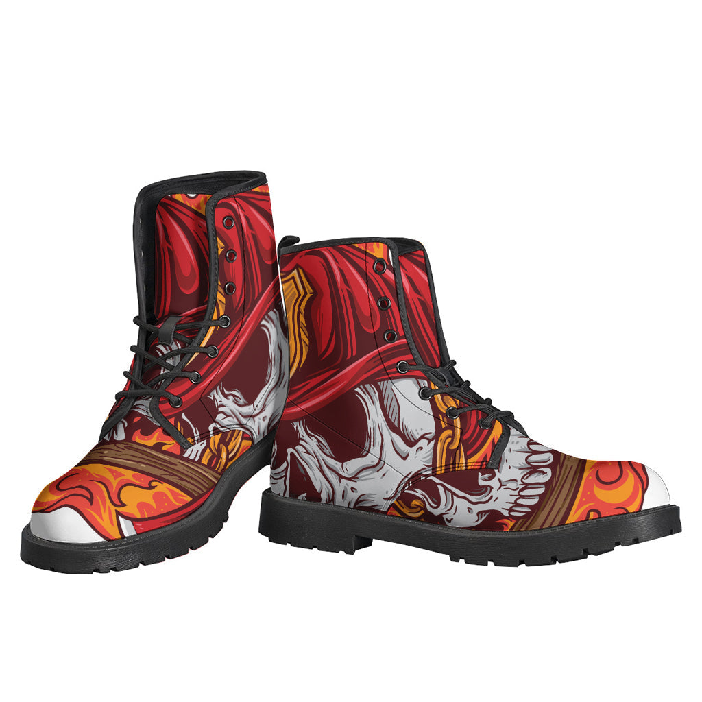 Flaming Firefighter Skull Print Leather Boots: A Groovy Addition to Your Hippie Outfit - 3