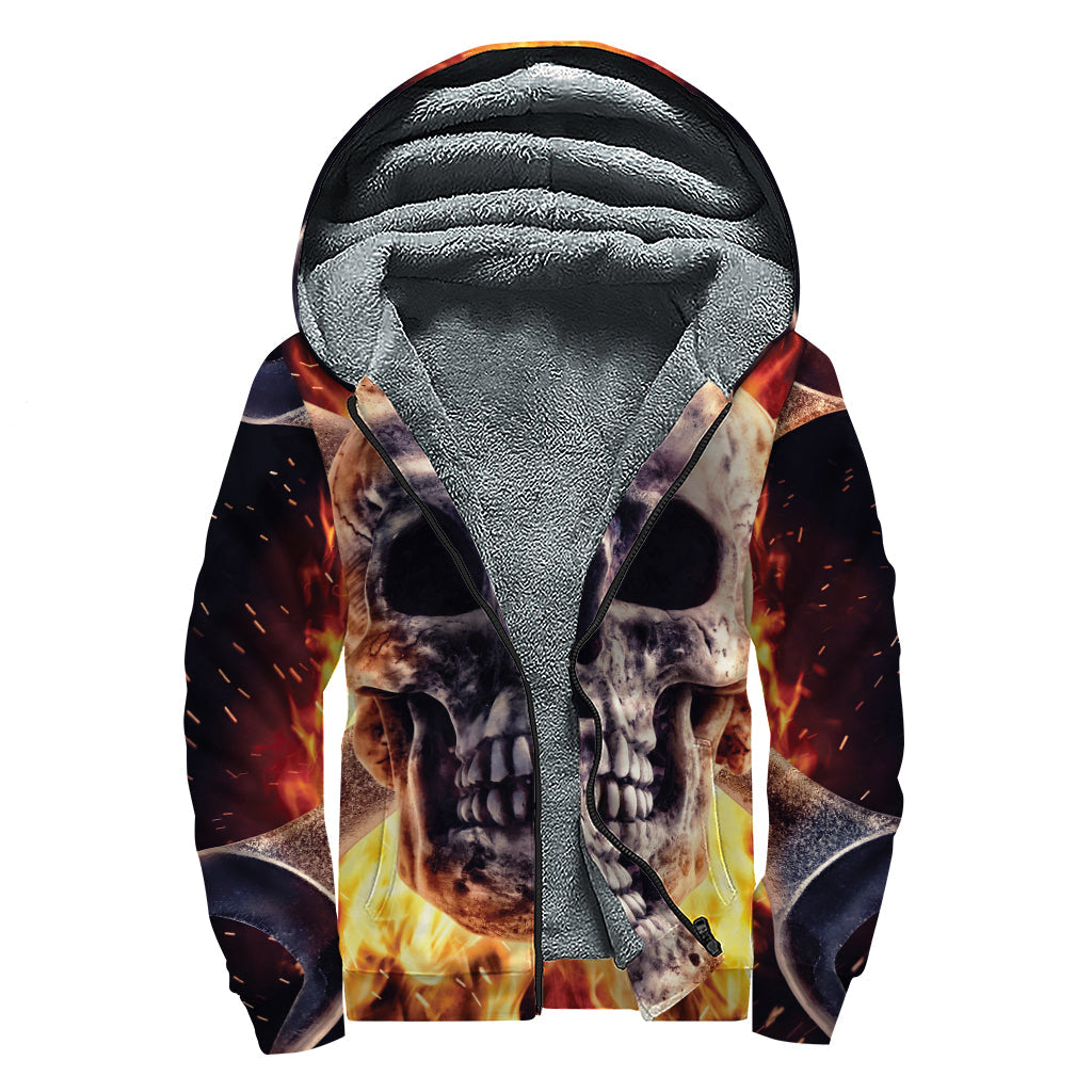 Groovy Flaming Skull and Cross Wrench Sherpa Lined Zip Up Hoodie - 1