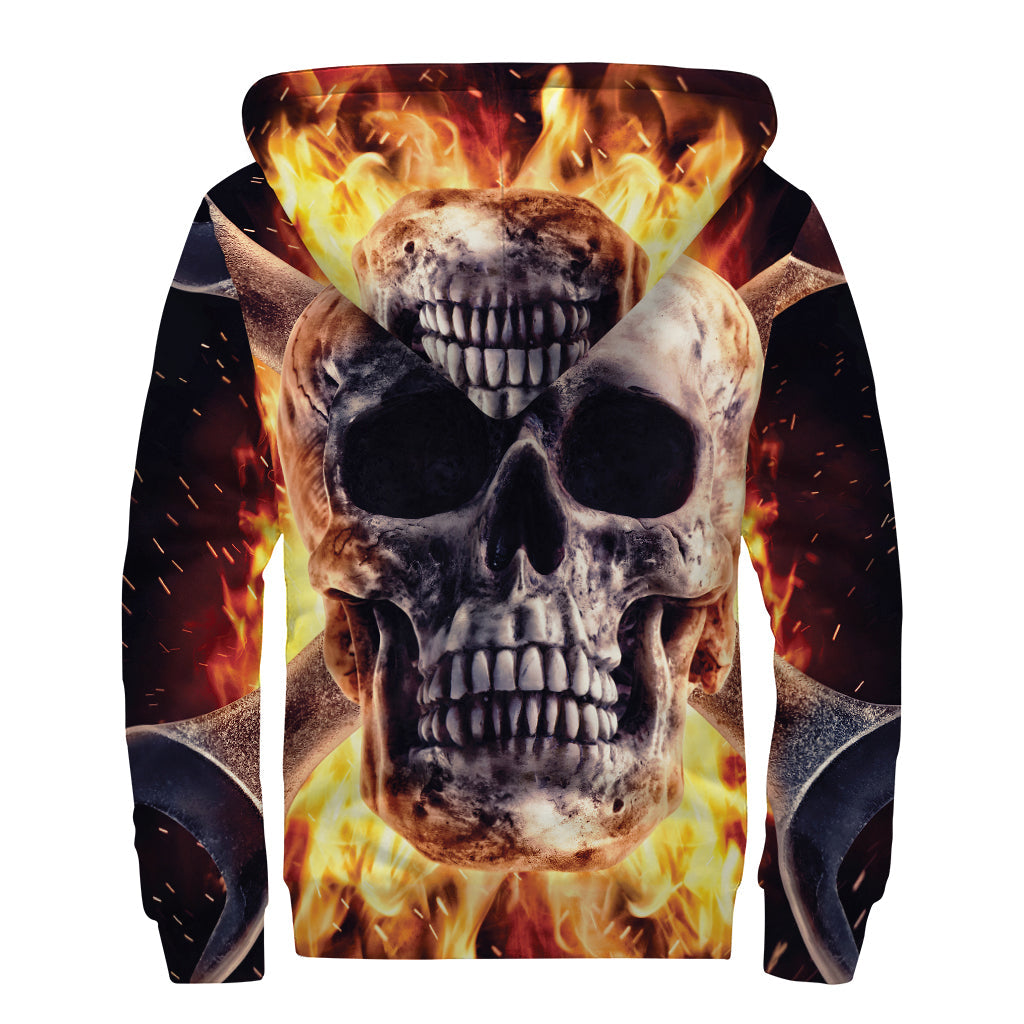 Groovy Flaming Skull and Cross Wrench Sherpa Lined Zip Up Hoodie - 2