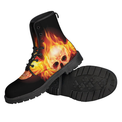 Flaming Skull with Fire Wings Leather Boots for Hipster Hippies - 2