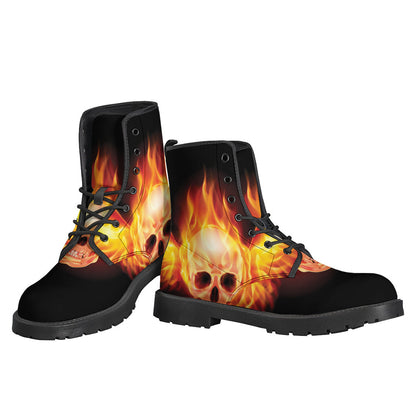 Flaming Skull with Fire Wings Leather Boots for Hipster Hippies - 3