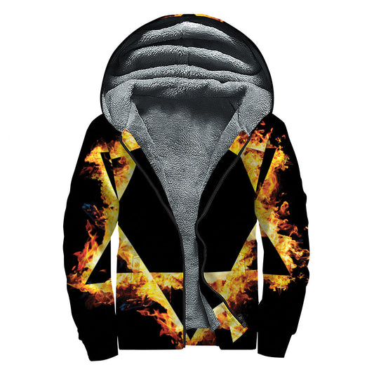 Flaming Star of David Hippie Sherpa Lined Zip Up Hoodie - 1