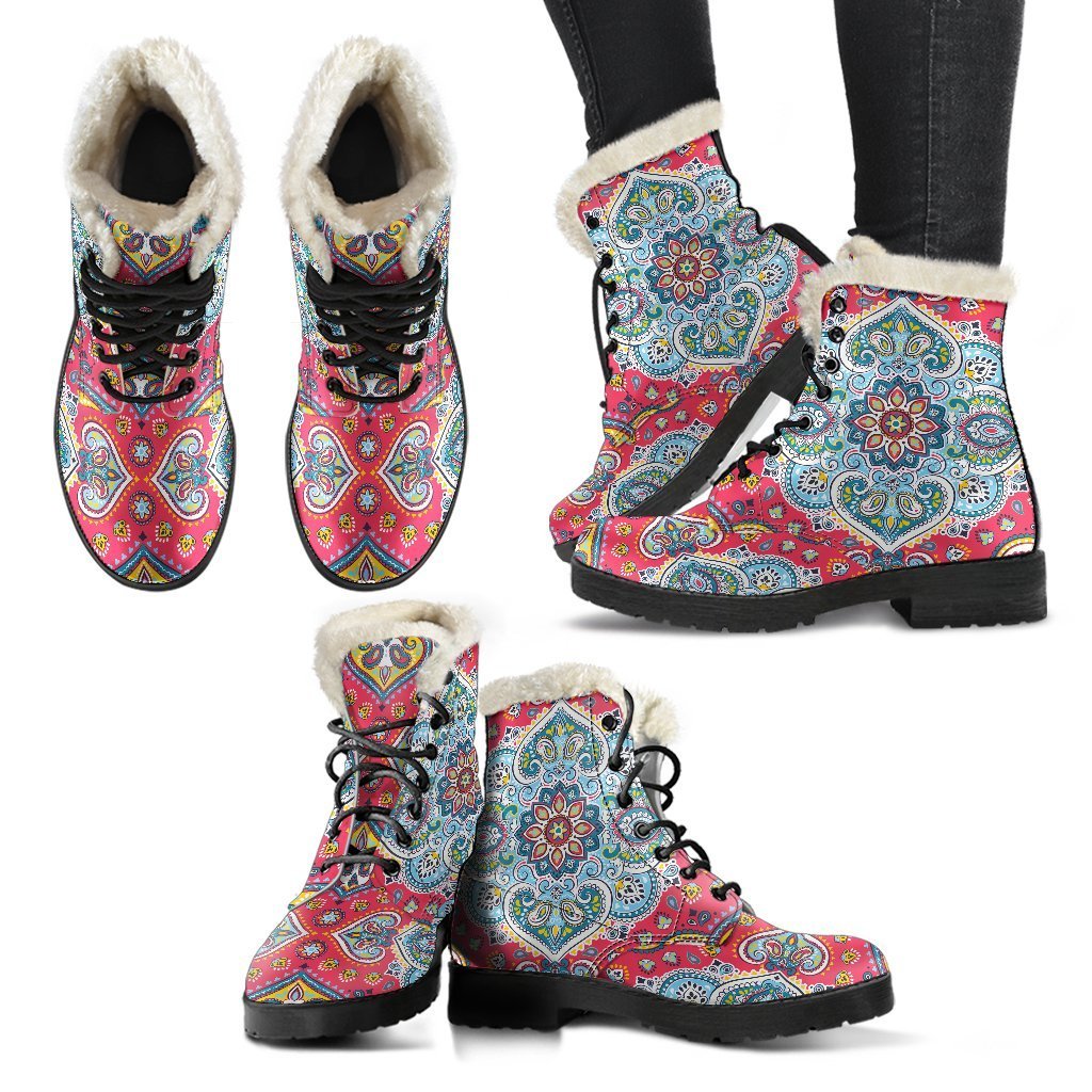 Groovy Floral Paisley Mandala Faux Fur Leather Boots for the Fashionable Hippie - 2