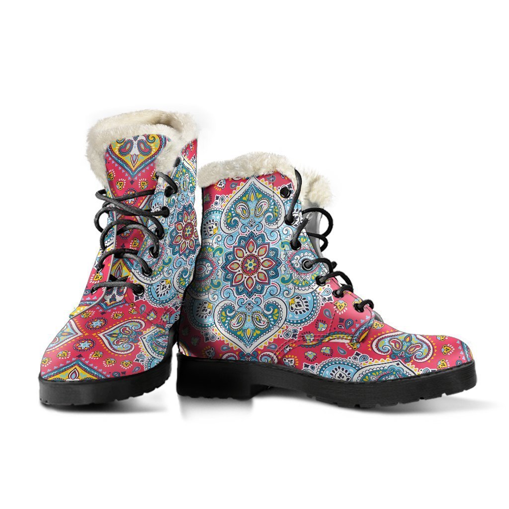 Groovy Floral Paisley Mandala Faux Fur Leather Boots for the Fashionable Hippie - 3