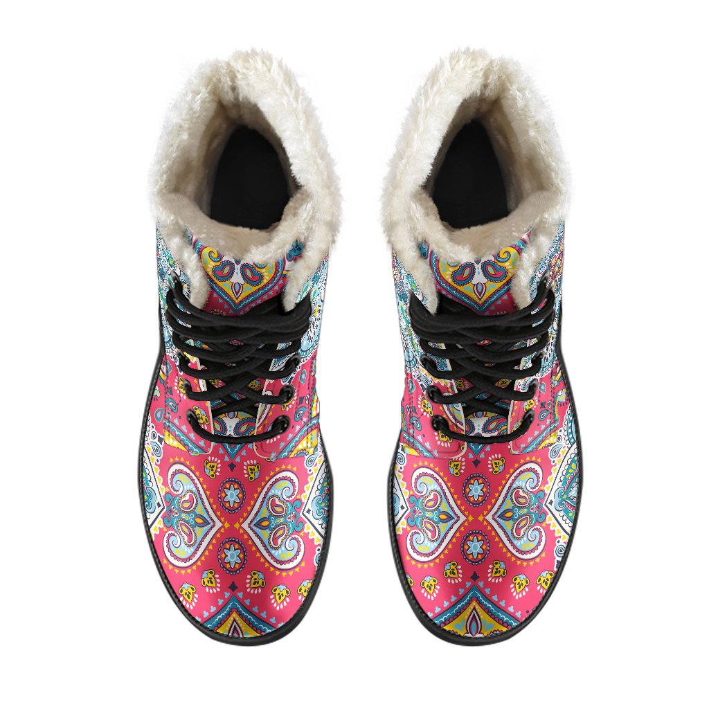 Groovy Floral Paisley Mandala Faux Fur Leather Boots for the Fashionable Hippie - 4